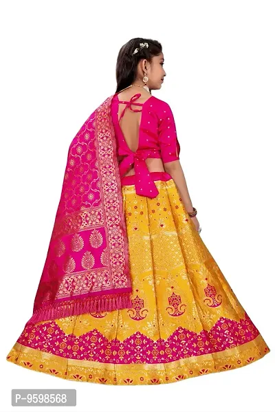 SAT CREATION Girl's Pure Silk banarashi Semi-stitched Lehenga Choli (7-8 Years, yellow-rani)-thumb2