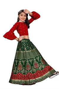 SAT CREATION Girl's Pure Silk banarashi Semi-stitched Lehenga Choli (9-10 Years, botal green)-thumb2