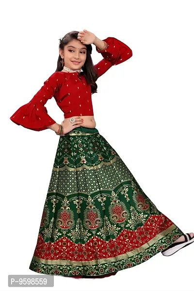 SAT CREATION Girl's Pure Silk banarashi Semi-stitched Lehenga Choli (9-10 Years, botal green)-thumb3