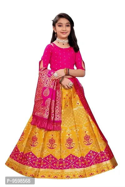 SAT CREATION Girl's Pure Silk banarashi Semi-stitched Lehenga Choli (7-8 Years, yellow-rani)