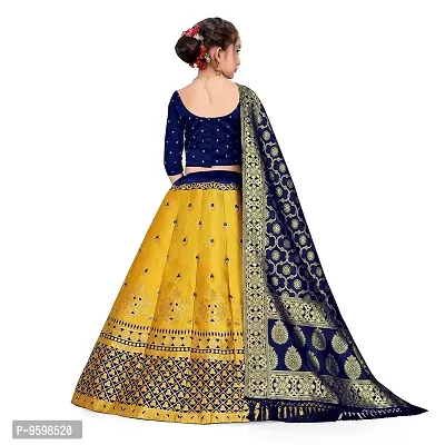 SAT CREATION Girl's Pure Silk banarashi Semi-stitched Lehenga Choli (7-8 Years, blue-yellow)-thumb2