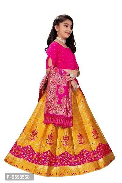 SAT CREATION Girl's Pure Silk banarashi Semi-stitched Lehenga Choli (7-8 Years, yellow-rani)-thumb3