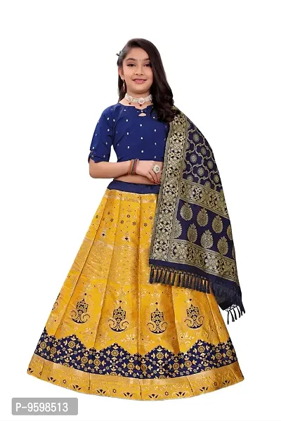 SAT CREATION Girl's Pure Silk banarashi Semi-stitched Lehenga Choli (7-8 Years, yellow)-thumb0