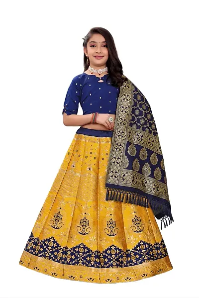 SAT CREATION Girl's Pure Silk banarashi Semi-stitched Lehenga Choli (7-8 Years, yellow)