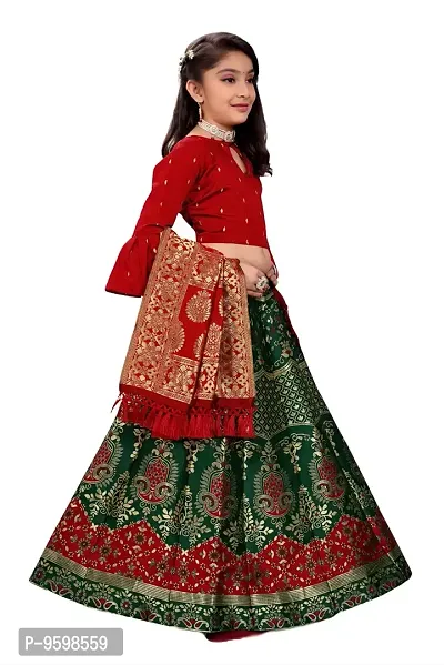 SAT CREATION Girl's Pure Silk banarashi Semi-stitched Lehenga Choli (9-10 Years, botal green)-thumb4