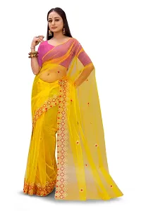 Partywear Yellow Net Embroidered Saree with Pink Solid Dupion Silk Blouse Piece-thumb1