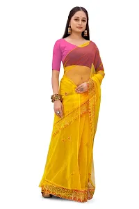 Partywear Yellow Net Embroidered Saree with Pink Solid Dupion Silk Blouse Piece-thumb3