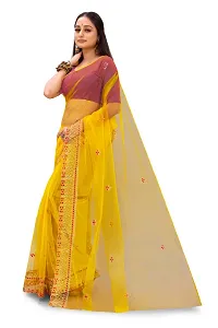 Partywear Yellow Net Embroidered Saree with Pink Solid Dupion Silk Blouse Piece-thumb1