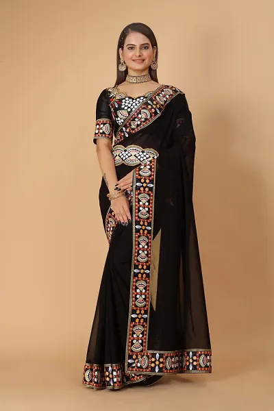Georgette Embroidered Lace Border Saree with Embroidered  Blouse Piece and Belt