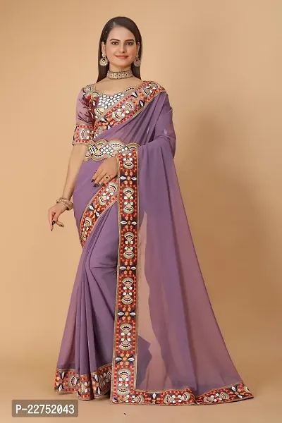 Georgette Embroidered Lace Border Saree with Embroidered Phantom Silk Blouse Piece and Belt