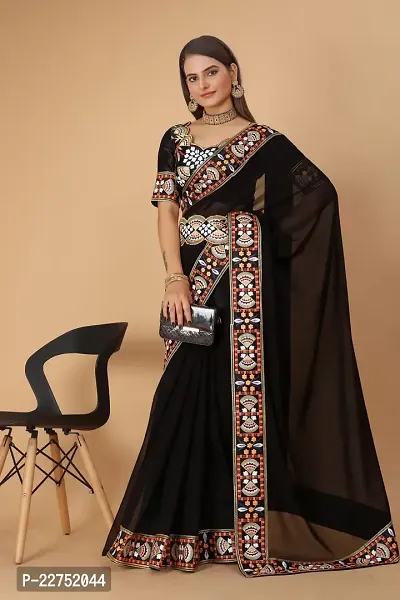 Georgette Embroidered Lace Border Saree with Embroidered Phantom Silk Blouse Piece and Belt-thumb5