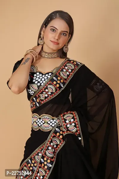 Georgette Embroidered Lace Border Saree with Embroidered Phantom Silk Blouse Piece and Belt-thumb4
