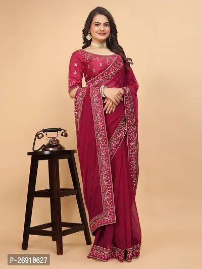 Georgette Embroidered Lace Border Sarees with Dupion Silk Embroidered Blouse Piece-thumb4