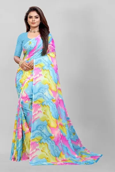 Renial Georgette Leaf Printed Sarees with Contrast Blouse Piece