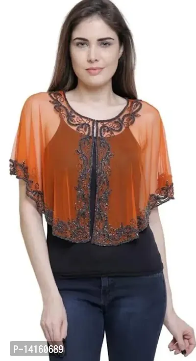 Stylish Net Orange Embroidered Shrugs For Women