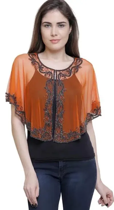 Stylish Net Orange Embroidered Shrugs For Women