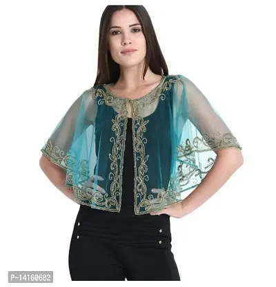 Stylish Net Sea Green Embroidered Shrugs For Women