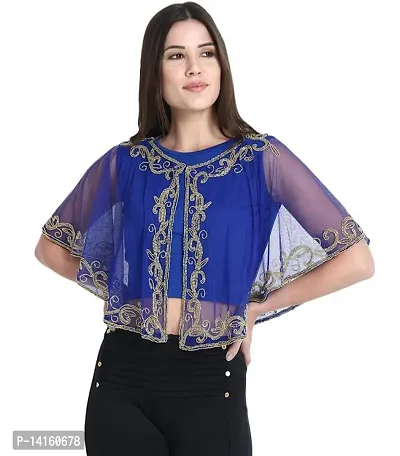 Stylish Net Royal Blue Embroidered Shrugs For Women