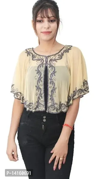 Stylish Net Beige Embroidered Shrugs For Women