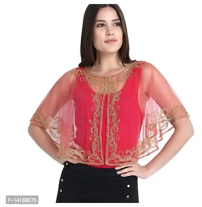 Stylish Net Peach Embroidered Shrugs For Women-thumb0