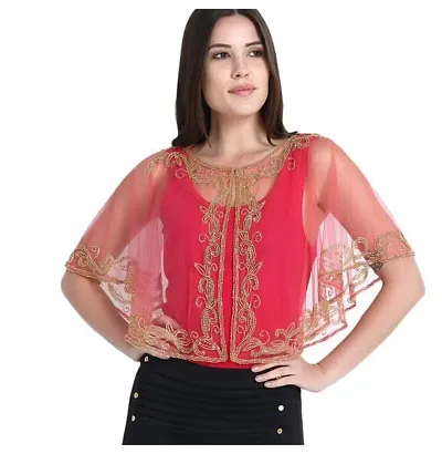 Stylish Net Peach Embroidered Shrugs For Women