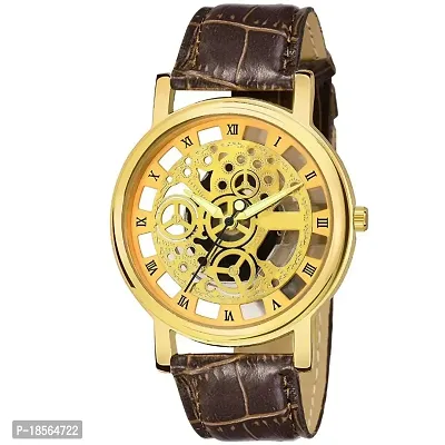 Open Transparent Gold Analogue Dial And Brown Leather Belt Analog Watch For Men-thumb0