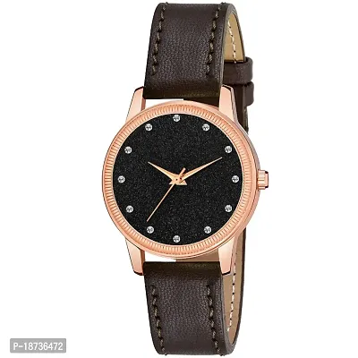 12 Diamond Dial Rose Gold Case Black Leather Strap Watch For Women and Girl-thumb0