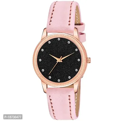 12 Diamond Dial Rose Gold Case Black Leather Strap Watch For Women and Girl-thumb0