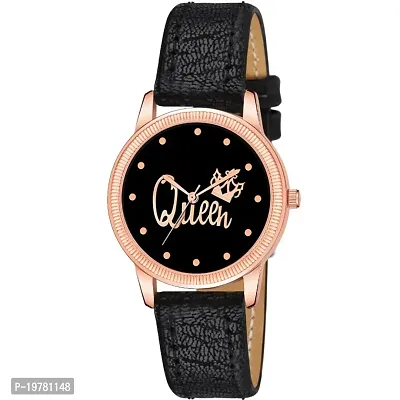 New Queen Black Dial Case RoseGold Leather New Designer Stylish Strap Watch For GirlsWomen Analog Watches-thumb0