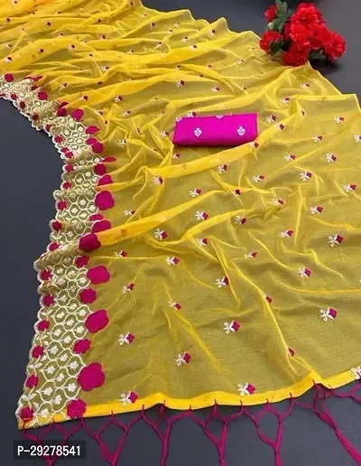 Elegant Yellow Net Thread Embroidery Work Sari with Unstitched Blouse Piece-thumb0