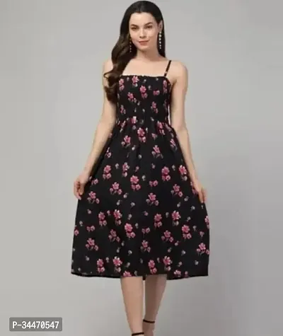 Stylish Black Crepe Printed A Line Dress For Women-thumb0