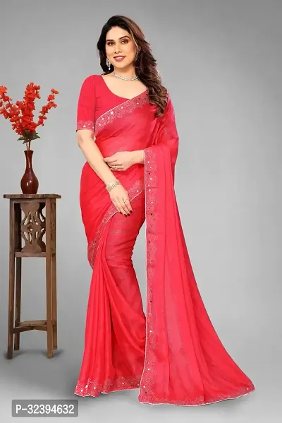 Elegant Red Chiffon Saree with Blouse piece For Women-thumb0