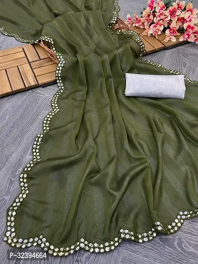 Elegant Green Chiffon Saree with Blouse piece For Women