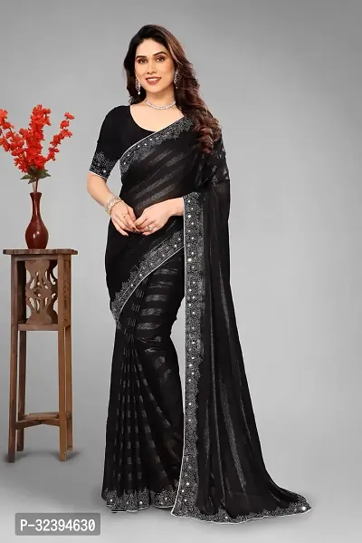 Elegant Black Chiffon Saree with Blouse piece For Women-thumb0