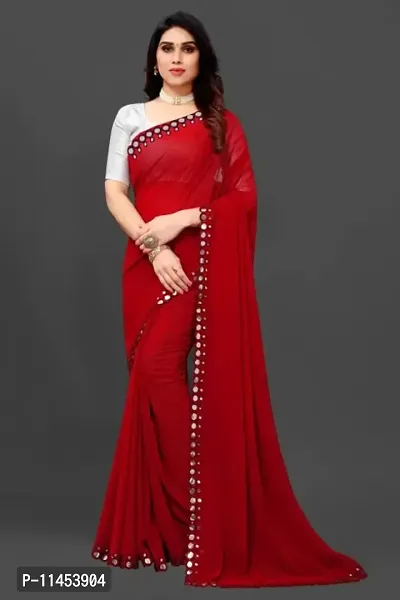 Womens Soft Georgette Designer Mirror Border work Plain Saree with Blouse Piece-thumb0