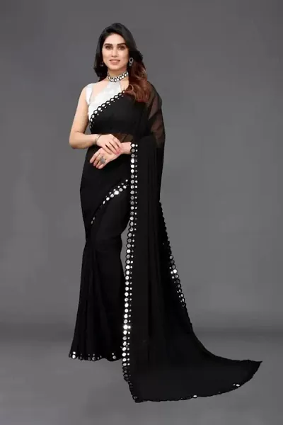 Women Georgette mirror border saree with Unstitched Blouse Piecee