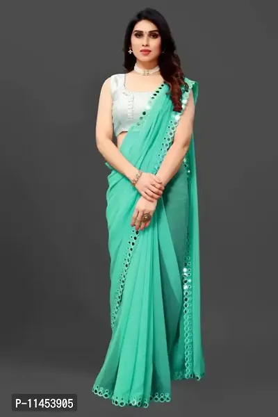 Womens Soft Georgette Designer Mirror Border work Plain Saree with Blouse Piece-thumb5