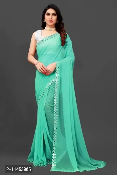 Womens Soft Georgette Designer Mirror Border work Plain Saree with Blouse Piece-thumb2