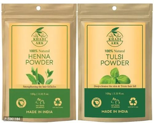 Khadi Ark Tulsi Powder with Henna Powder for Clean Strong  Smooth Healthy Hair (Pack of 2, 100gm Each) 200gm-thumb0