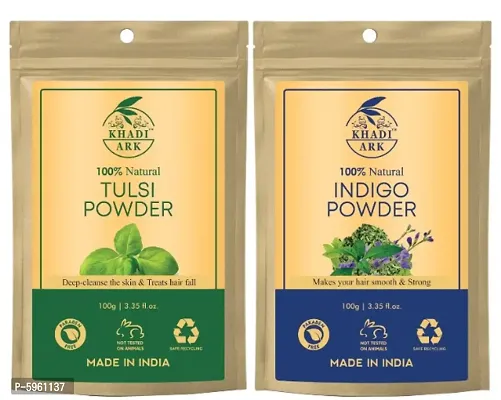 Khadi Ark Tulsi Powder with Indigo Powder for Clear Lightening Skin  Strong Smooth Healthy Hair (Pack of 2, 100gm Each) 200gm