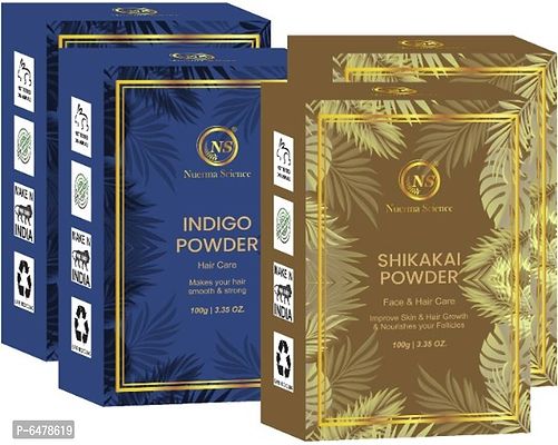 Nuerma Science Indigo and Shikakai Powder Organic Herbal for Natural Black Silky, Shiny Healthy Hair Growth and Cleansing Hair/Scalp (100 GM Each, Pack of 4) 400 GM