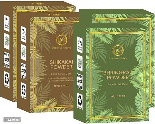 Nuerma Science Shikakai and Bhringraj Powder Natural Organic for Deep Cleansing Hair/Scalp and Provide Soft, Shiny Healthy Hair Growth (100 GM Each, Pack of 4) 400 GM