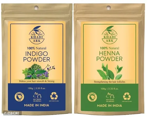 Khadi Ark Henna and Indigo Powder Hair Color Natural Organic for Silky, Smooth Healthy Black Hair and Fast Hair Growth (100 GM Each, Pack of 2) 200 GM-thumb0