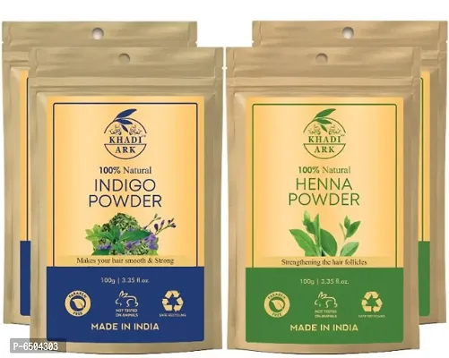 Khadi Ark Henna and Indigo Powder Hair Color Natural Organic for Silky, Smooth Healthy Black Hair and Fast Hair Growth (100 GM Each, Pack of 4) 400 GM