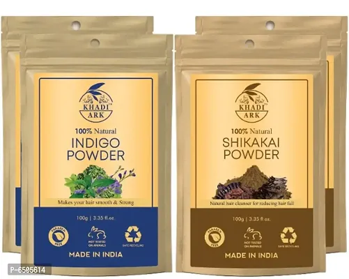 Khadi Ark Indigo and Shikakai Powder Herbal Organic for Natural Black Silky, Shiny Healthy Hair Growth and Cleansing Hair/Scalp (100 GM Each, Pack of 4) 400 GM