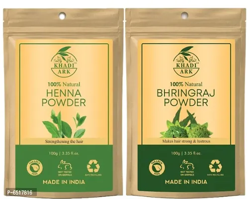 Khadi Ark Henna and Bhringraj Powder Natural Organic for Strong Healthy Black Shiny Hair Growth (100 GM Each, Pack of 2) 200 GM-thumb0
