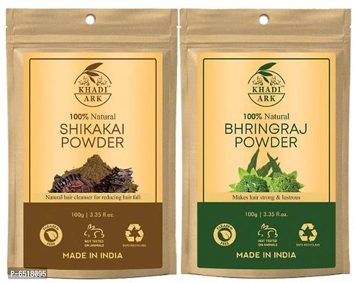 Khadi Ark Shikakai and Bhringraj Powder Natural Organic Herbal for Deep Cleansing Hair/Scalp(100 GM Each, Pack of 2) 200 GM