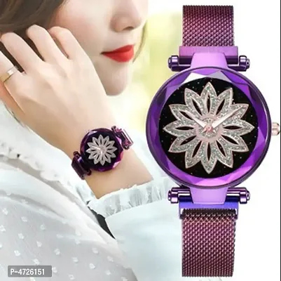 Luxury Diamond Cut Starry purple Dial Magnetic bracelet Watch For Girls Quartz Watches For Girls Watch For Women Analog Watch - For Girls