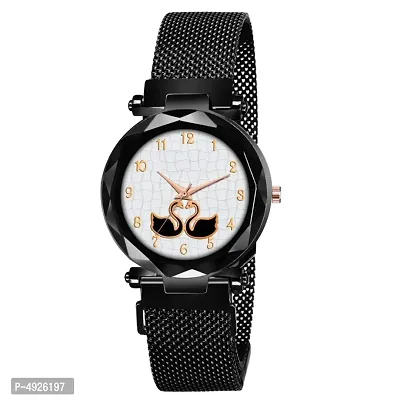 Stylish Black Magnetic Mesh Metal Strap Analog Watches For Women