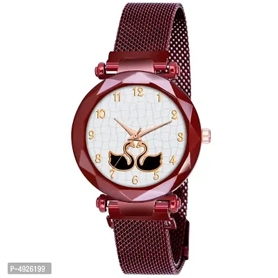 Stylish Maroon Magnetic Mesh Metal Strap Analog Watches For Women
